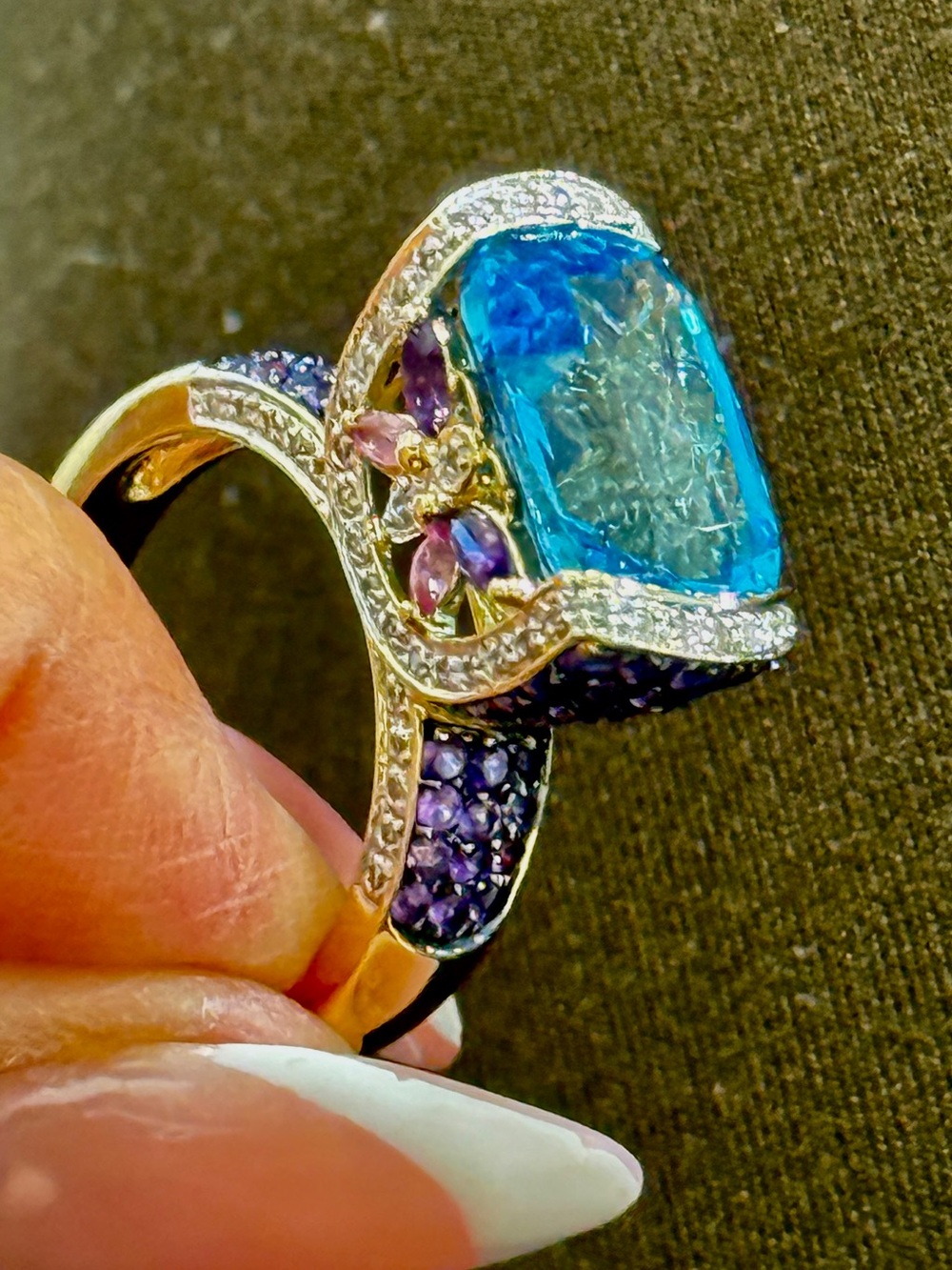 Blue Topaz and Amethyst Floral Halo Ring LeVian Crazy Collection- sz 9
